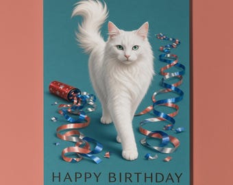 Turkish Angora Cat Birthday Card, Elegant White Feline Greeting, Blank Inside