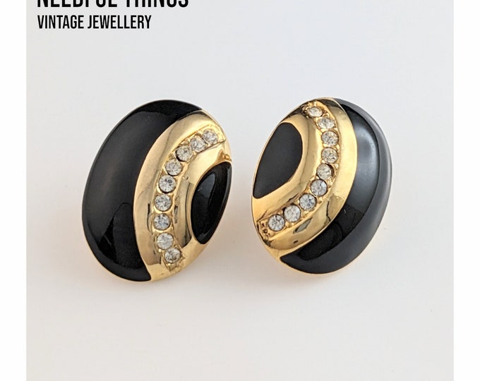 Elegant Enigma: Vintage Gold-Tone & Black Enamel Earrings  Diamond Accents