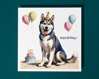 Handmade Cute Alaskan husky Dog breed With Cake Happy Birthday Card Funny Animal Card Animal Lovers Premium Greeting Card & Envelope