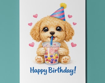 Kawaii Art Series Cockapoo puppy: Sweet Boba Sip Bubble Tea Happy Birthday Card Premium Greeting Card Envelope Personalised Teddy Bear dog