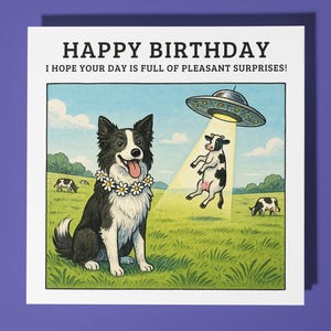 Fine Art Funnies - Border Collie - UFO - Alles Gute zum Geburtstag Karte - Premium Grußkarte und Umschlag - Personalisierter lustiger Hund Karte - Freund