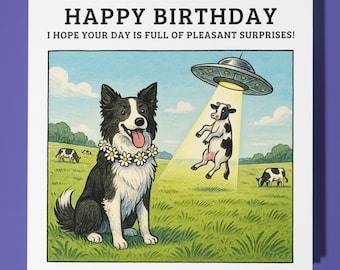 Fine Art Funnies - Border collie  - UFO - Happy Birthday Card - Premium Greeting Card and Envelope - Personalised funny dog card - Friend