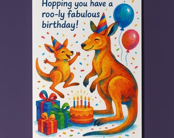 Jumping Kangaroo Joy - Hopping you have a roo-ly fabulous birthday! Birthday Card Funny Animals Premium Greeting Card Envelope Personalised