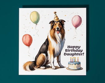 Handmade Cute Collie Dog breed with Cake Happy Birthday Daughter Card Funny Animal Card Animal Lovers Premium Greeting Card & Envelope