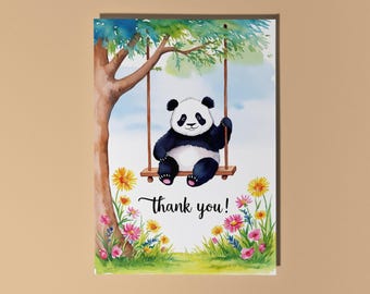 Handmade Funny panda Cute panda swinging Thank you! Card Funny Animal Card Animal Lovers Premium Greeting Card & Envelope