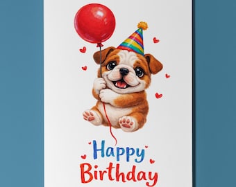 English Bulldog Dog Birthday Card, Balloon Puppy Gift, Cute Personalised Dog Lover Gift