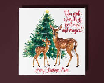 Handmade Cute Deer on Christmas Eve Merry Christmas Mum Card  Premium Greeting Card with White Envelope safe and magical Merry Christmas Mum