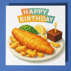 Fish and Chips and Brownie ontbijt - Happy Birthday Card - Premium wenskaart en envelop - familie vriend zus vriendin moeder