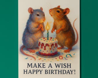 Two rats - Make a wish - Happy Birthday! Card - Funny Animals - Matte Greeting Card and Envelope - Personalised - Friends Family members