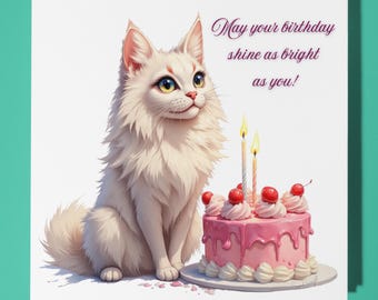 Fluffy Persian cat Happy Birthday Card - Funny Animal - Premium Greeting Card & Envelope - Personalised Cat card - grandson daughter son mum