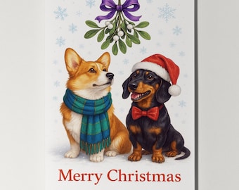 Dachshund Corgi Dogs - Under the Mistletoe - Merry Christmas Card - Funny Dog - Dog Breeds - Premium Greeting Card Envelope - Personalised