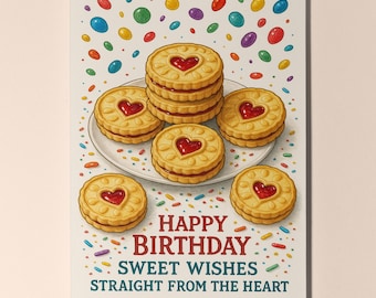 Dessert First! Collection - Jammy Dodgers - Sweet Wishes  - Happy Birthday Card Premium Greeting Card & Envelope - Personalised card Friend