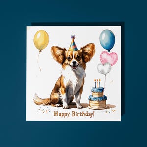 Cartão de feliz aniversário feito à mão, lindo cachorrinho Papillon com bolo, cartão engraçado de animal, cartão comemorativo premium para amantes de animais com envelope.