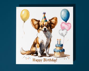 Handmade Cute Little Papillon Dog breed With cake Happy Birthday  Card Funny Animal Card Animal Lovers Premium Greeting Card with Envelope.