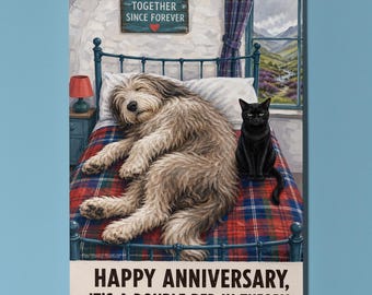 Sheepdog Black Cat Anniversary Card, Scottish Dog Cat Bedside Illustration