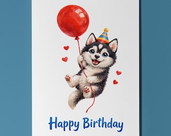 Husky Dog Birthday Card, Balloon Puppy Gift, Cute Personalised Dog Lover Gift