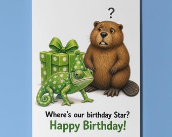Funny Chameleon & Beaver Birthday Card, Cute Animal Greeting Card, Personalised