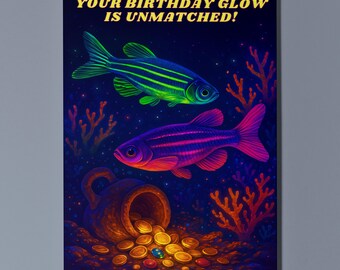Rainbow Fish Parade Collection - Neon Zebrafish Tropical Fish - Happy Birthday Card - Premium Greeting Card & Envelope - Personalised card