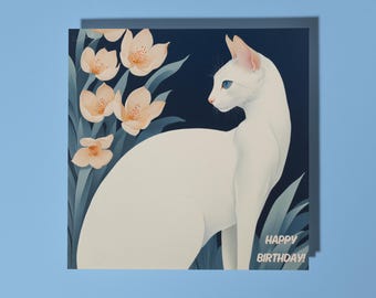 Handmade Graceful White Oriental cat with White lilies Happy Birthday Card Funny Animal Card Animal Lovers Premium Greeting Card Envelope