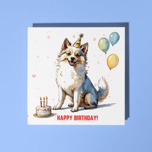 Cão Spitz fofo feito à mão com bolo Cartão de feliz aniversário Cartão engraçado de animal Amantes de animais Cartão de felicitações premium e envelope