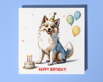 Handmade Cute Spitz Dog breed With cake Happy Birthday Card Funny Animal Card Animal Lovers Premium Greeting Card and Envelope