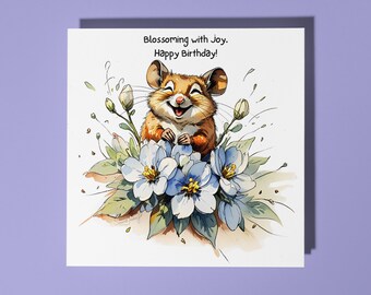 Handmade Cute little mouse with strawberry flowers Happy Birthday Card Funny Animal Card Animal Lovers Premium Greeting Card & Envelope