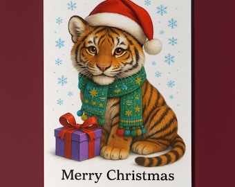 Fluffy Crew - Festive Tiger Cub with a Gift Merry Christmas Card - Funny animals -  Premium Greeting Card Envelope Personalised