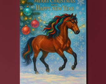 New Year Horse - Festive Dance Merry Christmas and Happy New Year Card -  Premium Greeting Card and Envelope Personalised card - Friend