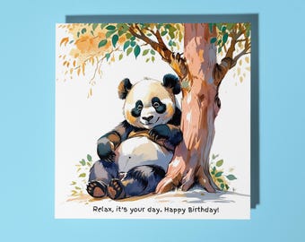 Handmade Cute little panda is happily resting - Relax Happy Birthday Card Funny Animal Card Animal Lovers Premium Greeting Card & Envelope