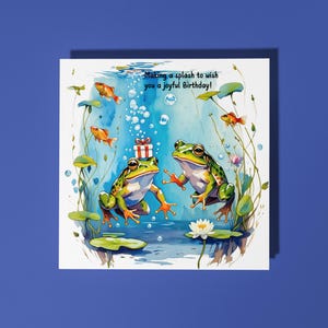Handgemaakte kikkers met een cadeau - ik wens je een fijne verjaardag Fijne verjaardagskaart Kaart grappige dieren Dierenliefhebbers Premium wenskaart en envelop