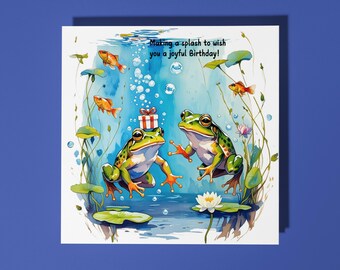 Handmade Frogs with a gift - wish you a joyful Birthday Happy Birthday Card Funny Animal Card Animal Lovers Premium Greeting Card & Envelope