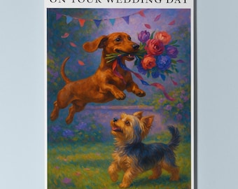 Dachshund and Yorkshire terrier Dogs Duo - On your wedding day Card Funny Dog Breeds - Premium Greeting Card Envelope Personalised Newlyweds