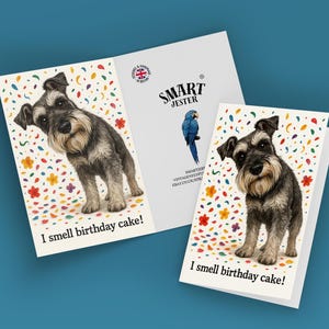 May include: Greeting cards with a Schnauzer illustration and the text "I smell birthday cake!". The cards have a colorful confetti and flower design. The Smart Jester logo is visible on the center card.