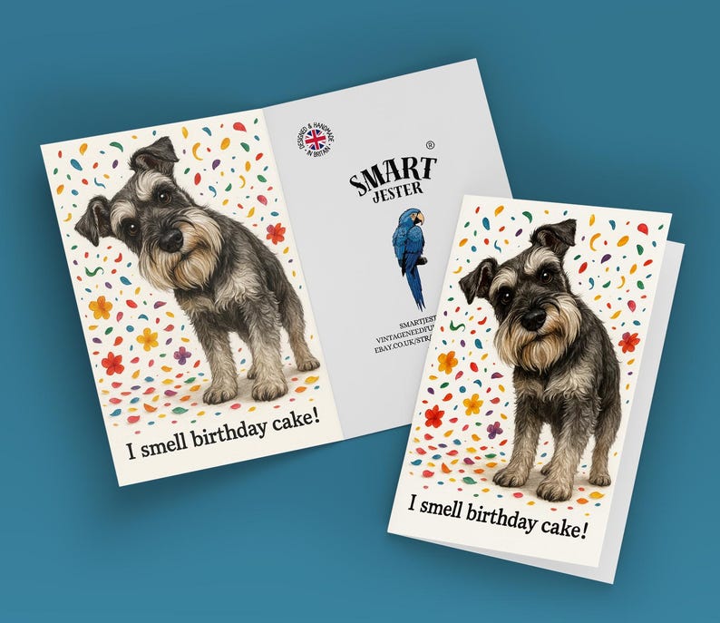 May include: Greeting cards with a Schnauzer illustration and the text "I smell birthday cake!". The cards have a colorful confetti and flower design. The Smart Jester logo is visible on the center card.