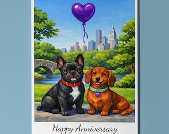 New York City Central Park French Bulldog Dachshund dogs Happy Anniversary Card Envelope Funny Premium Personalised Couples Spouses Husband