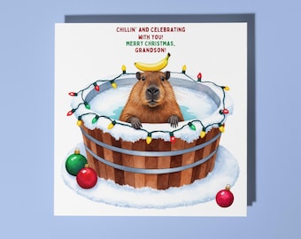 Handmade Funny Capybara with Banana Christmas Card Premium Greeting Card with Envelope Funny Capybara with banana Merry Christmas Grandson