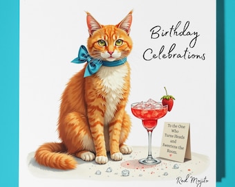 Ginger cat - Strawberry Red Mojito cocktail - Happy Birthday Card - Premium Greeting Card & Envelope - Personalised funny card - Family