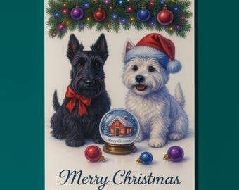 West Highland Scottish Terrier Dogs - Snow Globe Merry Christmas Card - Funny Dogs Dog Breeds - Premium Greeting Card Envelope Personalised