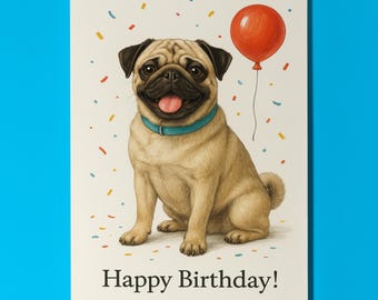 Dog Breeds Collection - Pug Dog -Happy Birthday Card - Funny Animal - Premium Greeting Card and Envelope - Personalised card - Friend Family