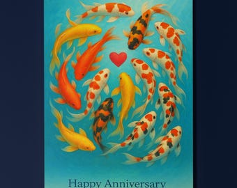 Rainbow Fish Parade Collection - Fifteen Koi Fish - Anniversary Card - Funny Animal - Premium Greeting Card and Envelope - Personalised card