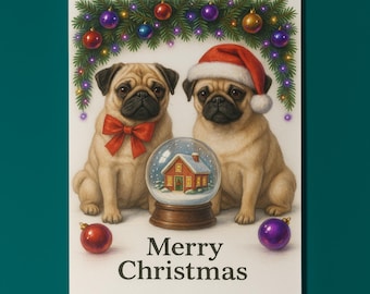 Pug Dogs Duo - Cozy Nose & Snow Globe - Merry Christmas Card - Funny Dogs - Dog Breeds - Premium Greeting Card and Envelope Personalised