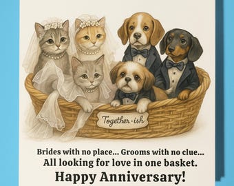 Kittens and Puppies - Happy Anniversary Card  Funny Animal - Premium Greeting Card & Envelope - Personalised Dog card - Husband Wife
