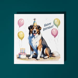 Handgemachte süße Berner Sennenhund Rasse mit Kuchen Geburtstagskarte Lustige Tierkarte Tierliebhaber Premium Grußkarte & Umschlag