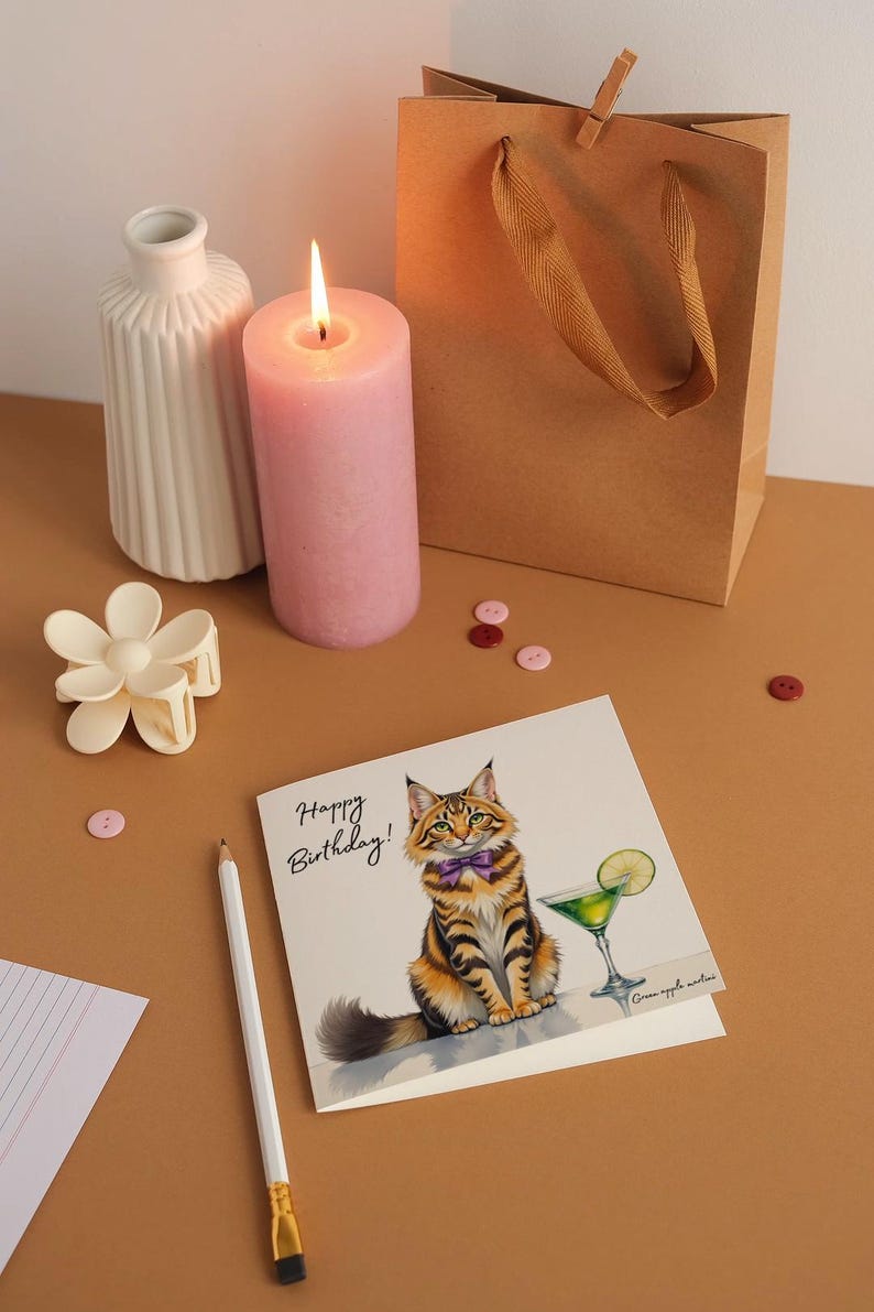 Funny Tabby Cat Birthday Card – Green Apple Martini, Handmade UK ...