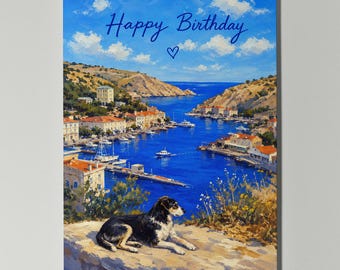 Dog Coastal Harbour Personalised Birthday  Card