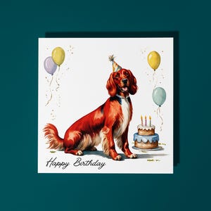Cartão de feliz aniversário feito à mão, lindo cão da raça Setter Irlandês com bolo, cartão engraçado de animal, cartão comemorativo premium para amantes de animais e envelope.