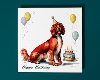 Handmade Cute Irish Setter Dog breed With Cake Happy Birthday Card Funny Animal Card Animal Lovers Premium Greeting Card & Envelope.