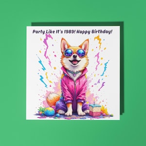 Cane Shiba Inu fatto a mano che indossa una giacca a vento in stile anni '80 Biglietto di auguri di buon compleanno Biglietto di auguri con animali divertenti Biglietto di auguri premium per amanti degli animali Busta