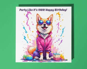 Handmade Shiba Inu Dog rocking a 80s-style windbreaker Happy Birthday Card Funny Animal Card Animal Lovers Premium Greeting Card Envelope