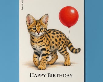 Wild Cats Party Serval Kitten: Spotted Joy Happy Birthday Card Premium Greeting Card and Envelope Personalised Exotic Cat African Wildlife